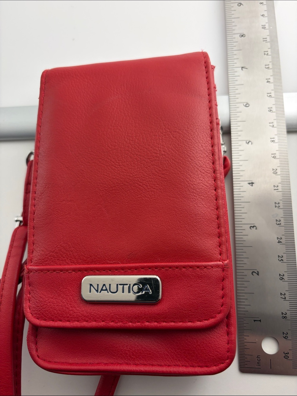 Nautica Red Leather Wristlet Phone Pouch with Logo Plate